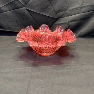 Vtg Fenton Cranberry Hobnail Ruffled Glass Bowl.